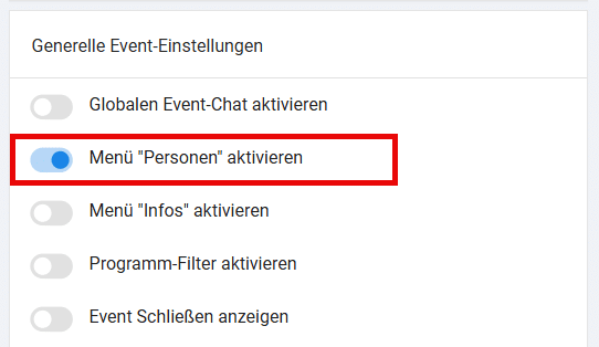 Detailansicht der Kachel "Generelle Event Einstellungen". Markierung des aktiven Switchs "Menü "Personen" aktivieren".