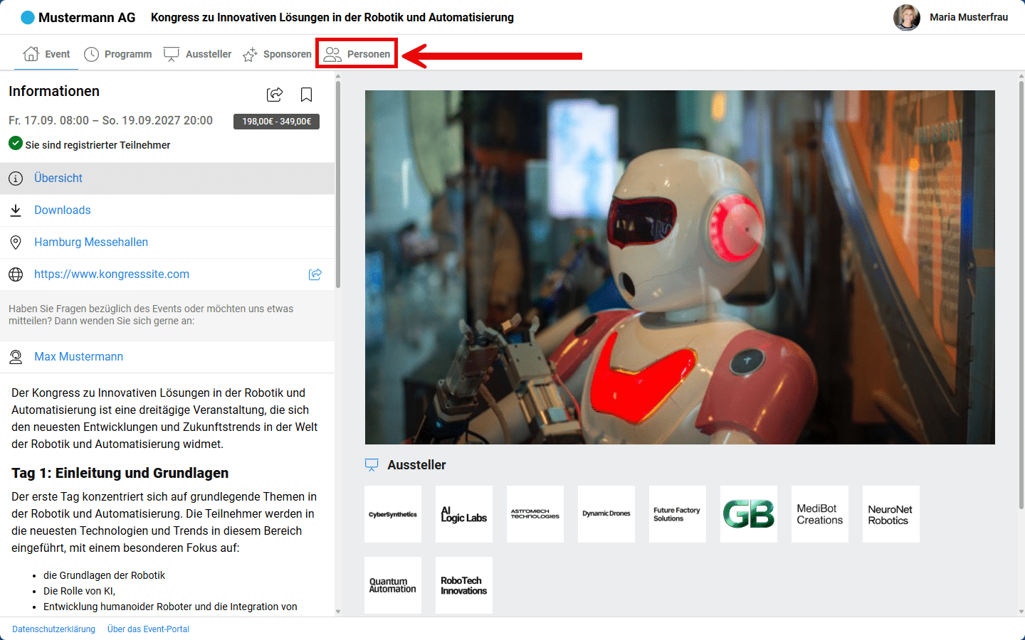Frontend-Ansicht im Event mit markiertem Reiter "Personen".